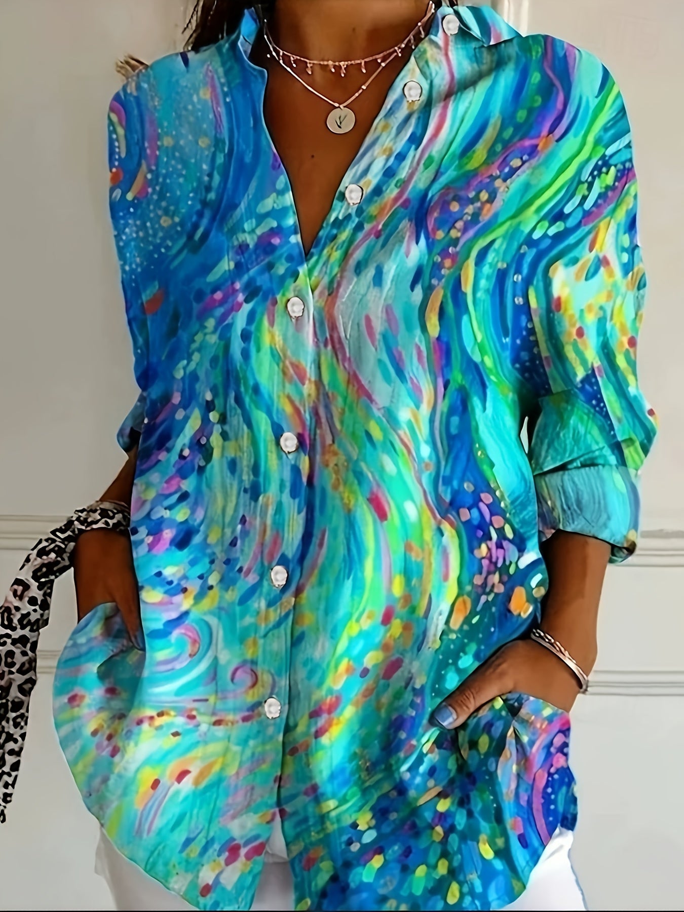 Bjørks™ | Kunstnerisk Skjortebluse med Fargerikt Mønster