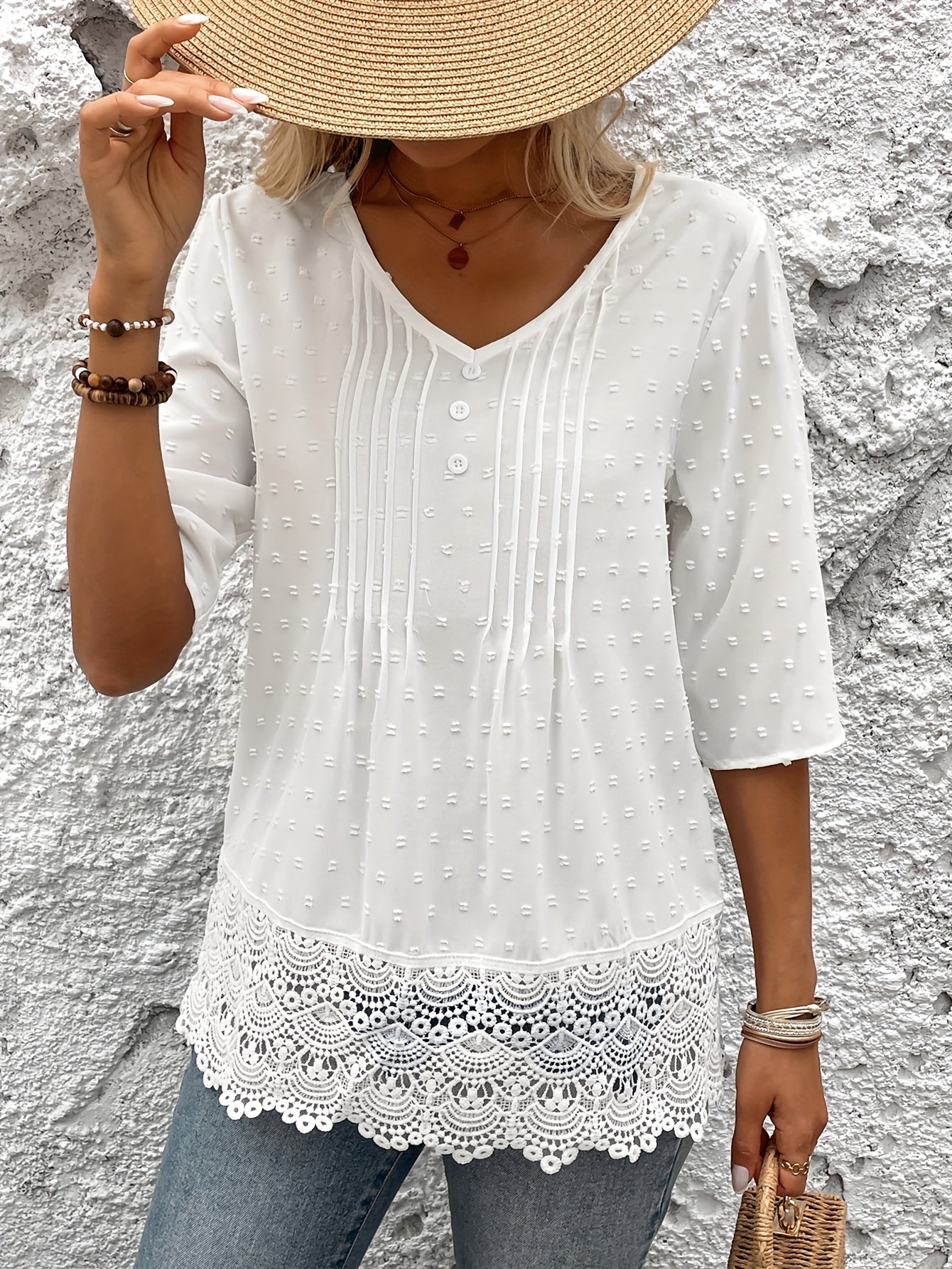 Bjørks™ | Romantisk topp med blondekant og strukturdetaljer